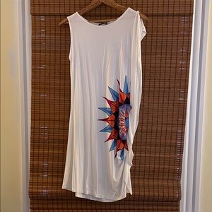 White Flutter Sleeve Dress with Colorful Sunburst Design